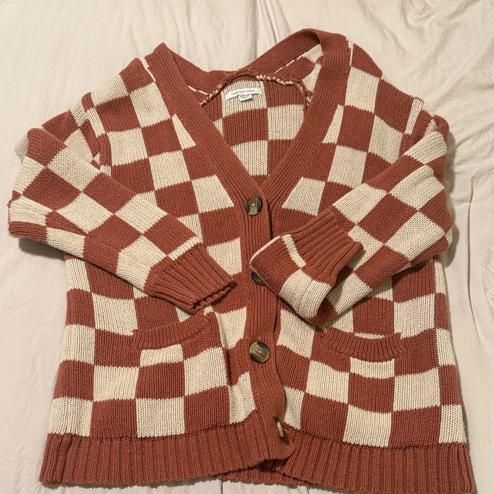 American Eagle Outfitters Brown and Cream Checkered Cardigan
